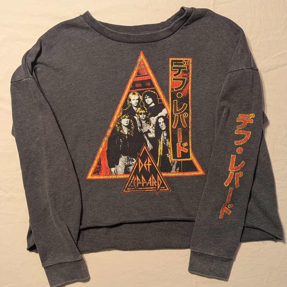 Def Leppard Cropped Japanese Kanji Junk Food Clothing Gray Sweatshirt XL Womens